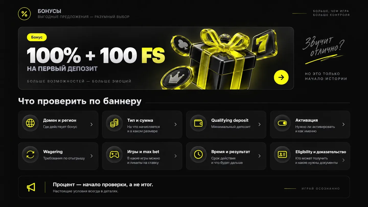 Процент — начало проверки, а не итог сравнения Схема проверки условий бонусного баннера