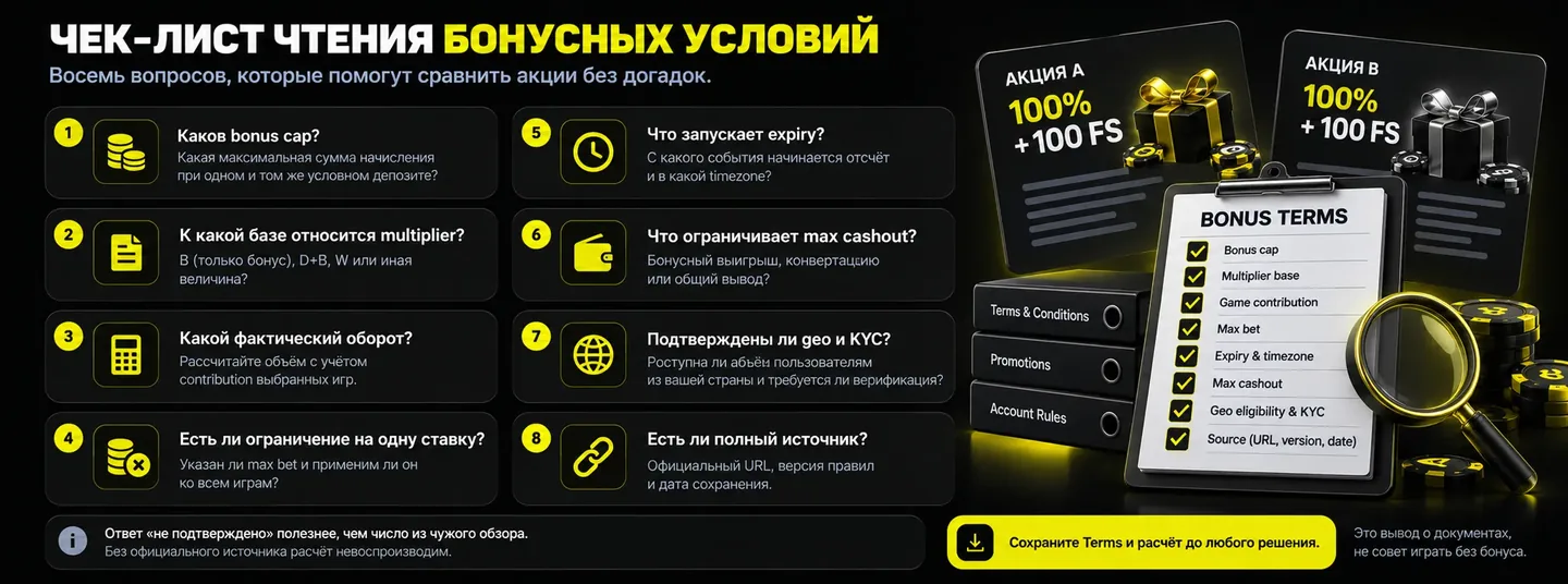 Сохраните Terms и расчёт до любого решения Чек-лист чтения бонусных условий