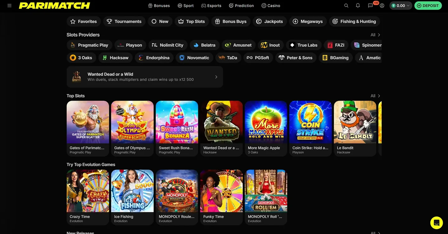 Категории и поиск игр в интерфейсе Parimatch