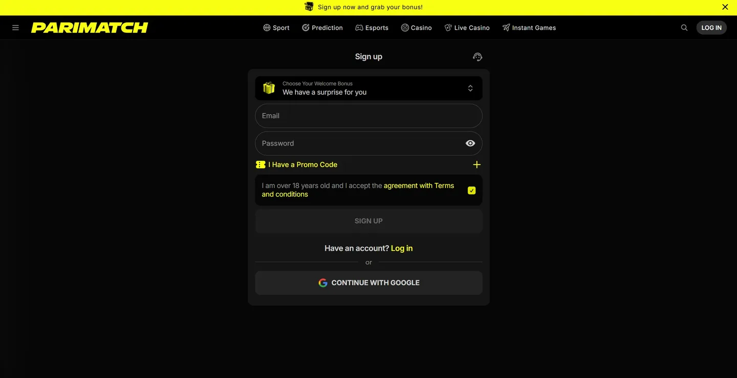 Поля формы регистрации Parimatch на дату проверки