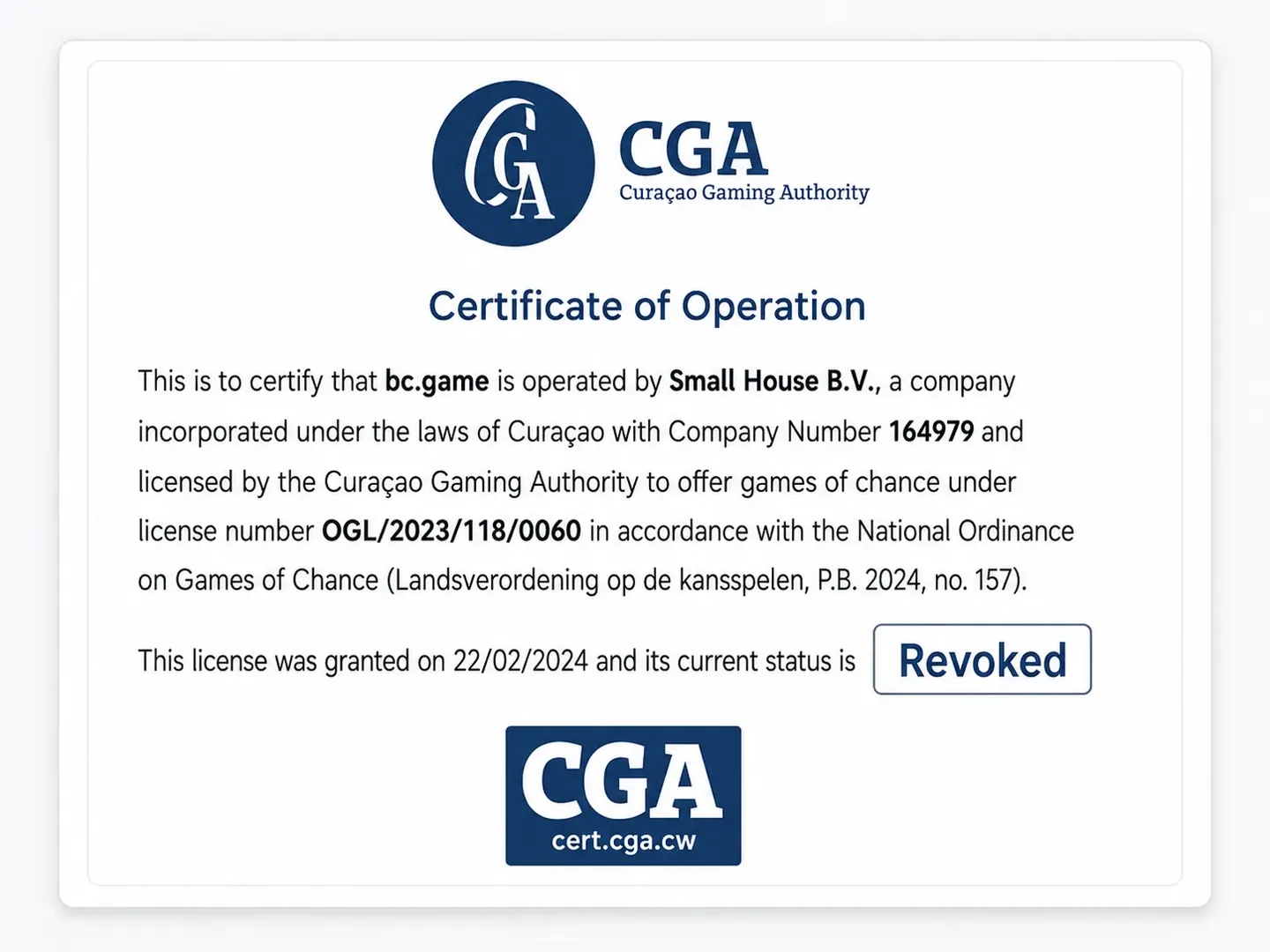 В реестре регулятора сертификат для bc Отозванный сертификат CGA для домена bc.game