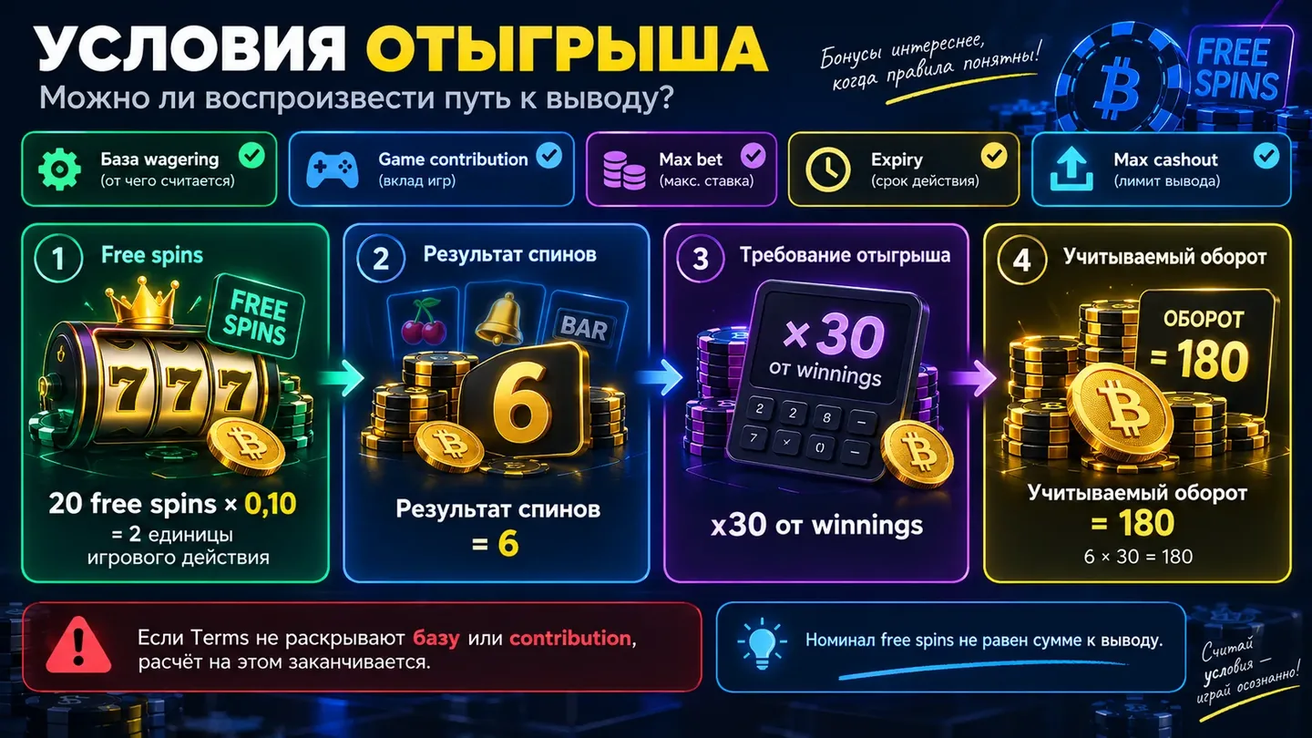 20 спинов по 0,10 дают 2 единицы игрового действия; при результате 6 и x30 от winnings оборот равен 180 условным единицам Почему номинал free spins не равен сумме к выводу