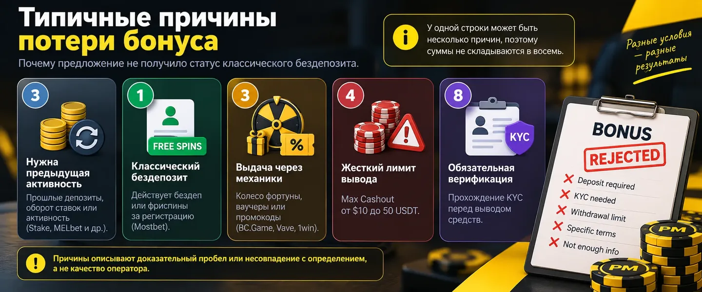 Причины описывают доказательный пробел или несовпадение с определением, а не качество оператора Причины, по которым предложения не прошли no-deposit тест