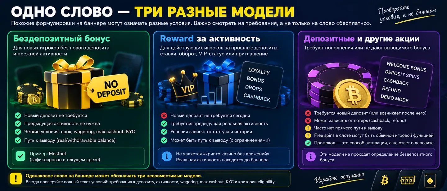 Одинаковое слово на баннере может обозначать три несовместимые модели Разница между классическим no-deposit, reward за активность и депозитной акцией