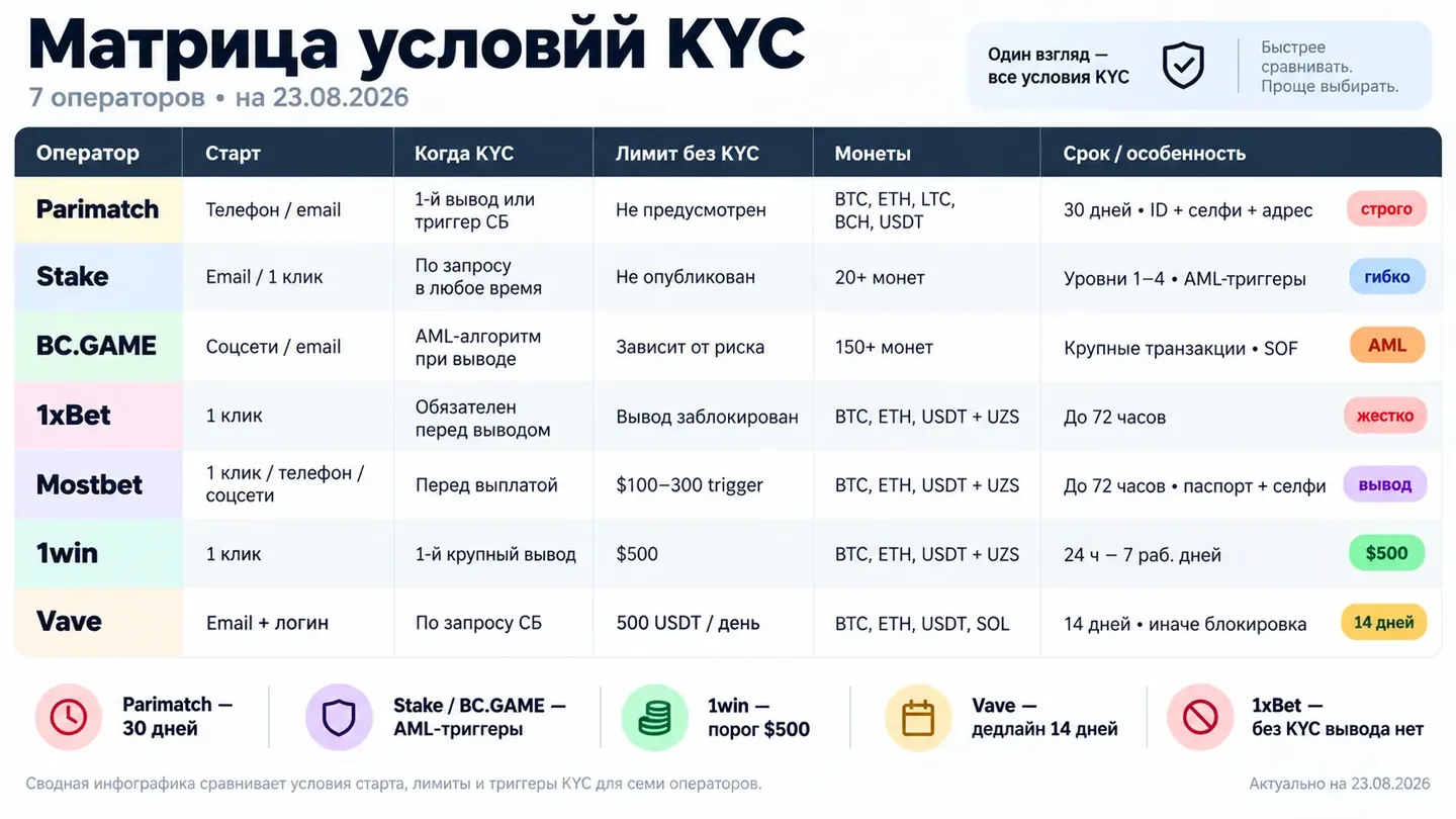 Матрица условий KYC семи операторов на 11 сентября 2026 года