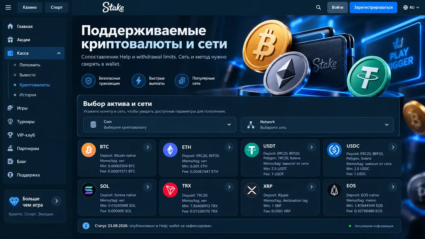 Coin и network являются разными полями; снимок делается без адреса и баланса Выбор криптовалюты и сети в кошельке Stake