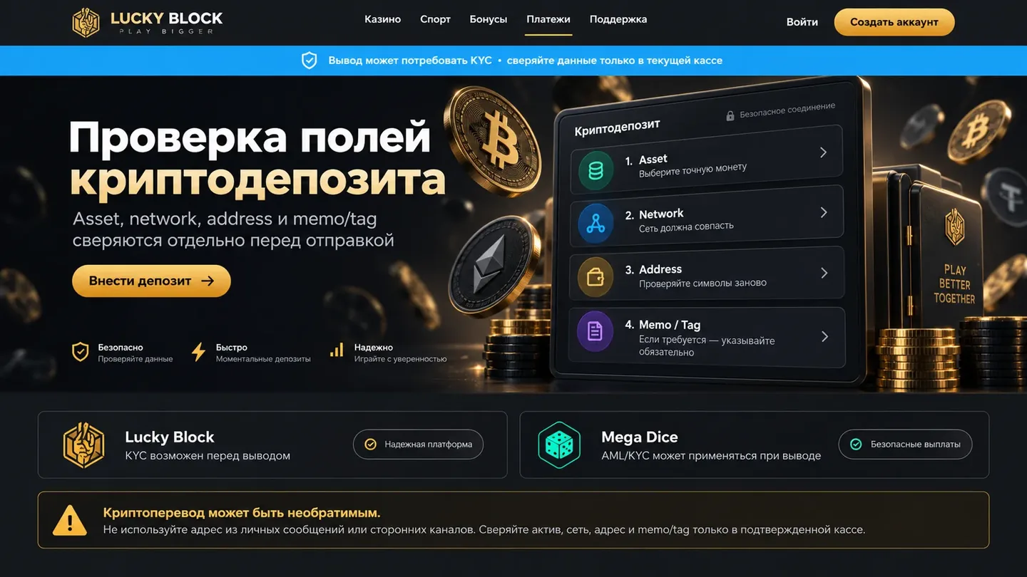 Asset, network, address и memo/tag проверяются отдельно; все значения учебные, реальный адрес и QR не публикуются Четыре поля проверки криптодепозита